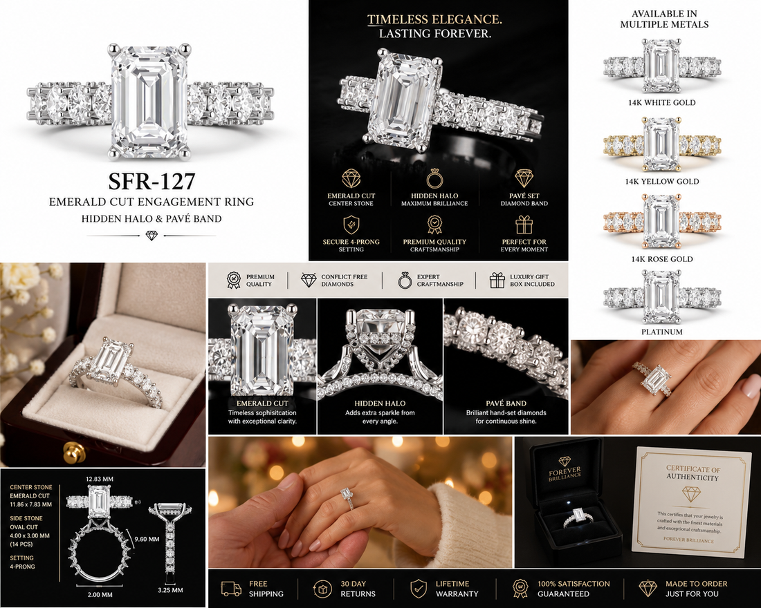 3 carat emerald cut center stone E VS IGi certified engagement ring handcrafted in 14k gold total 6 carat diamond on ring with side fancy shapes oval( made in 14k gold )