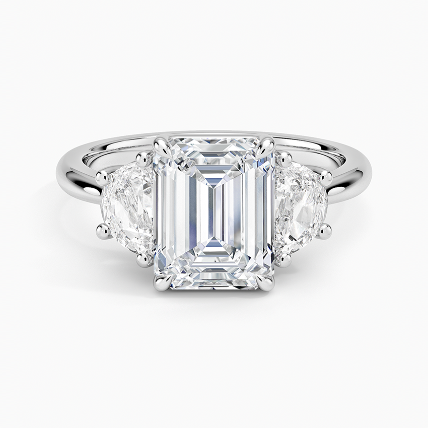 3 carat center stone emerald   EF  VS . With half moon shape diamond on side Excellent cut eye Clean stone IGI certified diamond ,engagement ring handcrafted made in 14k gold
