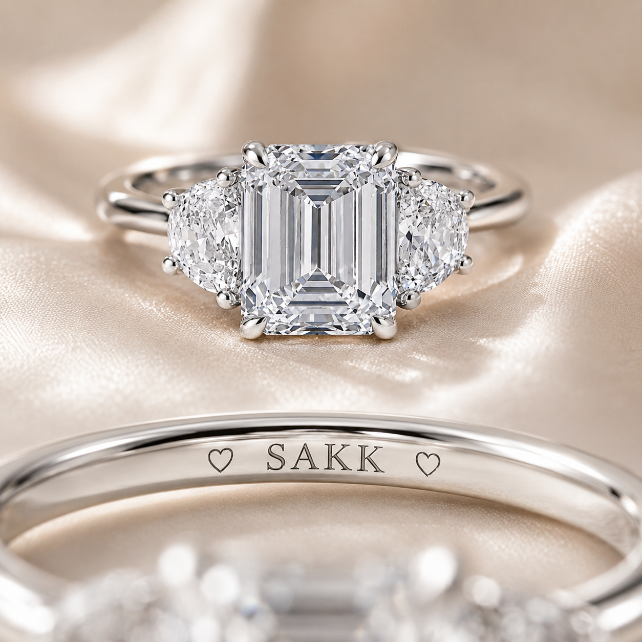 3 carat center stone emerald   EF  VS . With half moon shape diamond on side Excellent cut eye Clean stone IGI certified diamond ,engagement ring handcrafted made in 14k gold