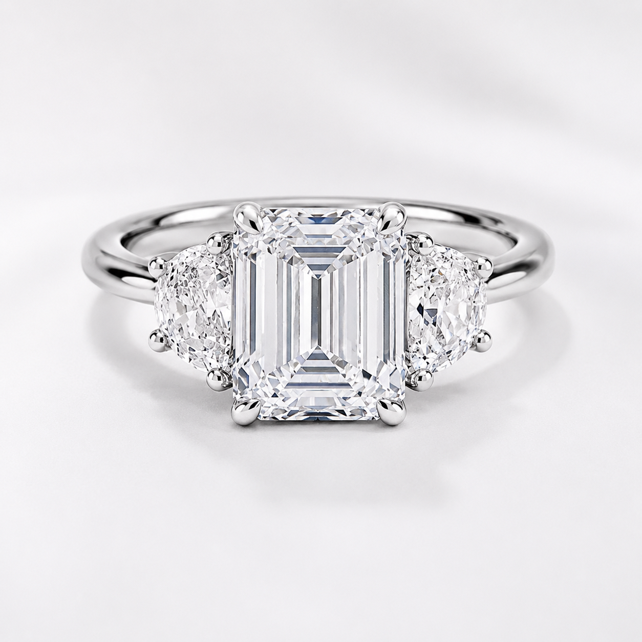 3 carat center stone emerald   EF  VS . With half moon shape diamond on side Excellent cut eye Clean stone IGI certified diamond ,engagement ring handcrafted made in 14k gold