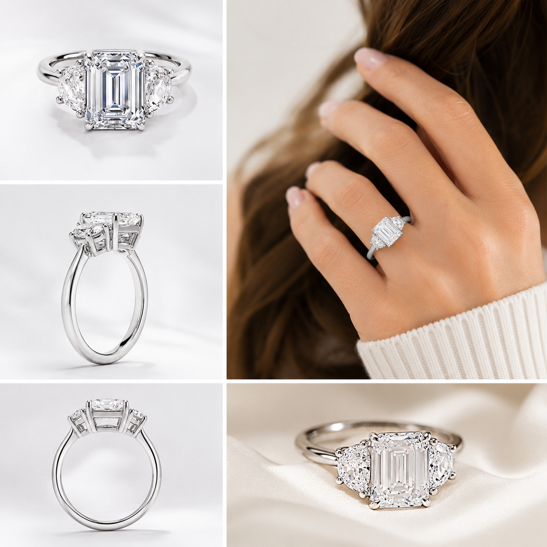 3 carat center stone emerald   EF  VS . With half moon shape diamond on side Excellent cut eye Clean stone IGI certified diamond ,engagement ring handcrafted made in 14k gold