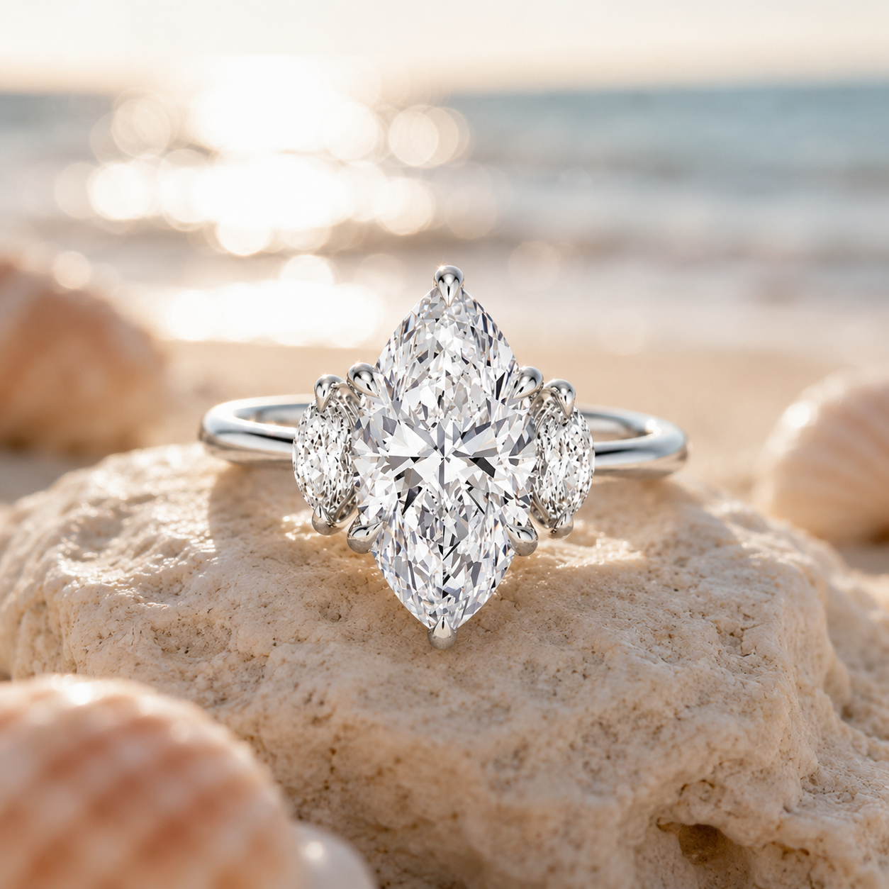 3 carat center stone marquis shape in EF VS Eye Clean stone IGI certified diamond engagement ring handcrafted made in 14k gold