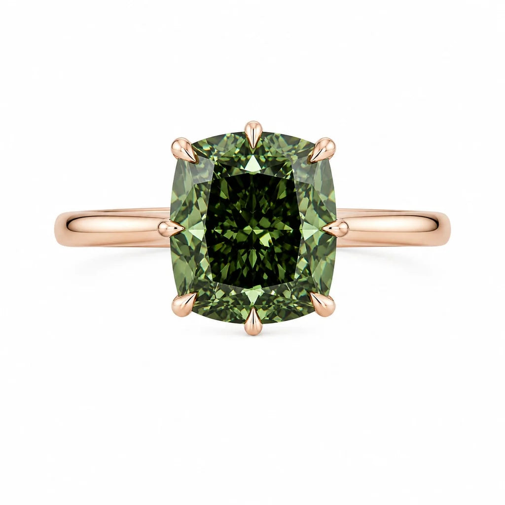 3 carat cushion green diamond  shape in Eye Clean stone IGI certified diamond engagement ring handcrafted made in 14k gold