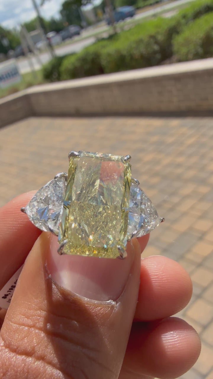 11.43 carat radiant cut IGI certified fancy light yellow made with 2 Traingle special cut on side 2 carat handcrafted in grown diamond 14k gold