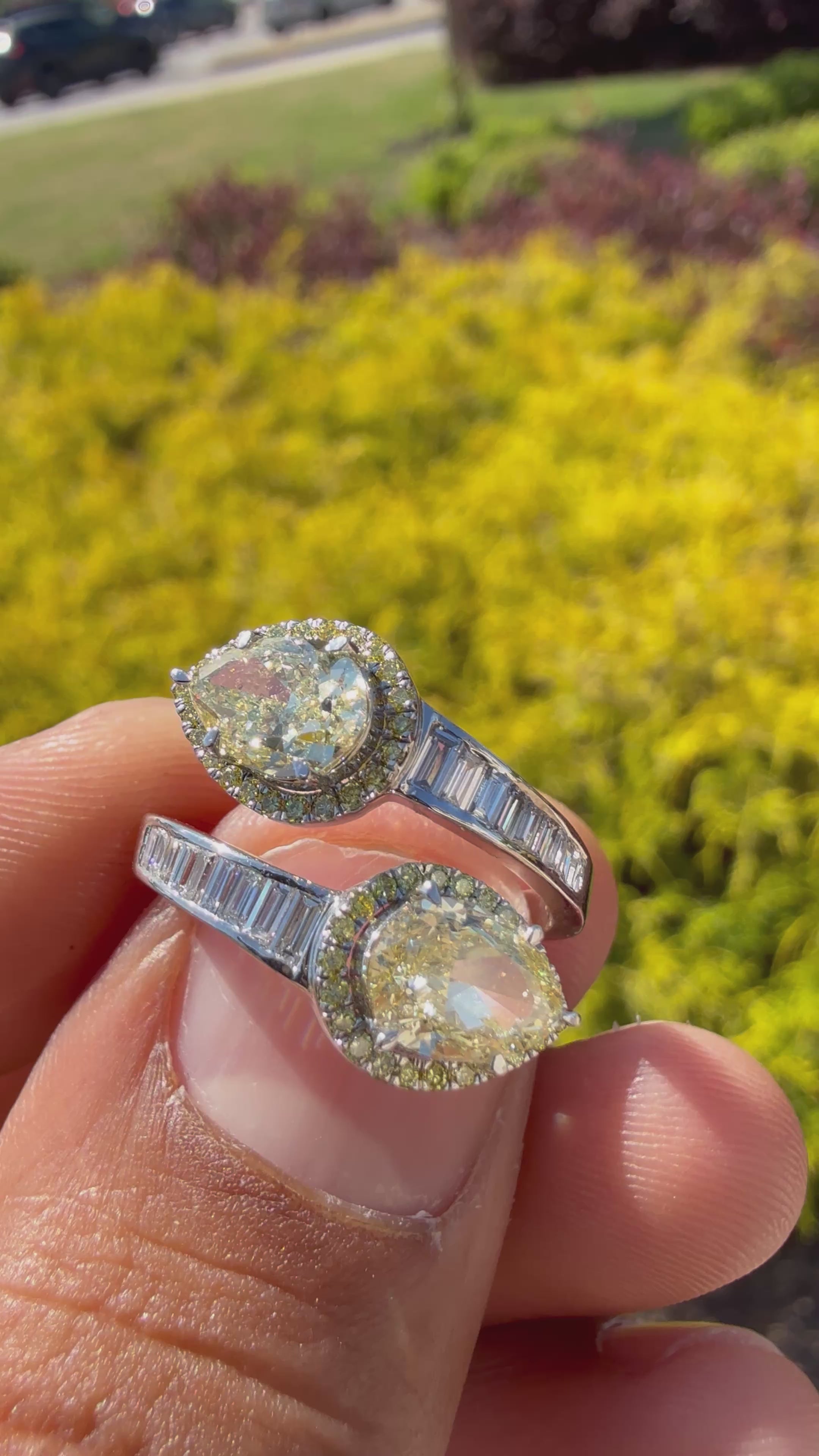 3 carat igi certified fancy yellow pear  emerald cut with fancy white tapper baguette ring handcrafted ring made with 14k gold in grown diamond igi certified