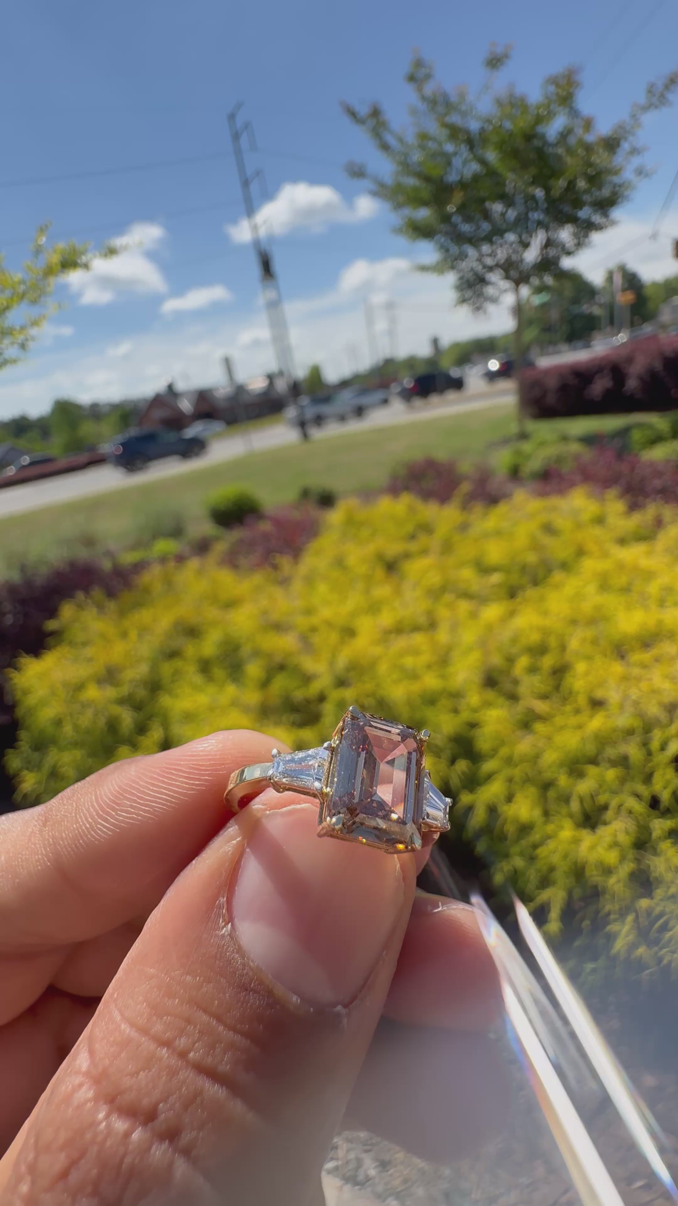 3.88 carat igi certified fancy champagne emerald cut with fancy white tapper baguette ring handcrafted ring made with 14k rose gold in grown diamond  igi certified