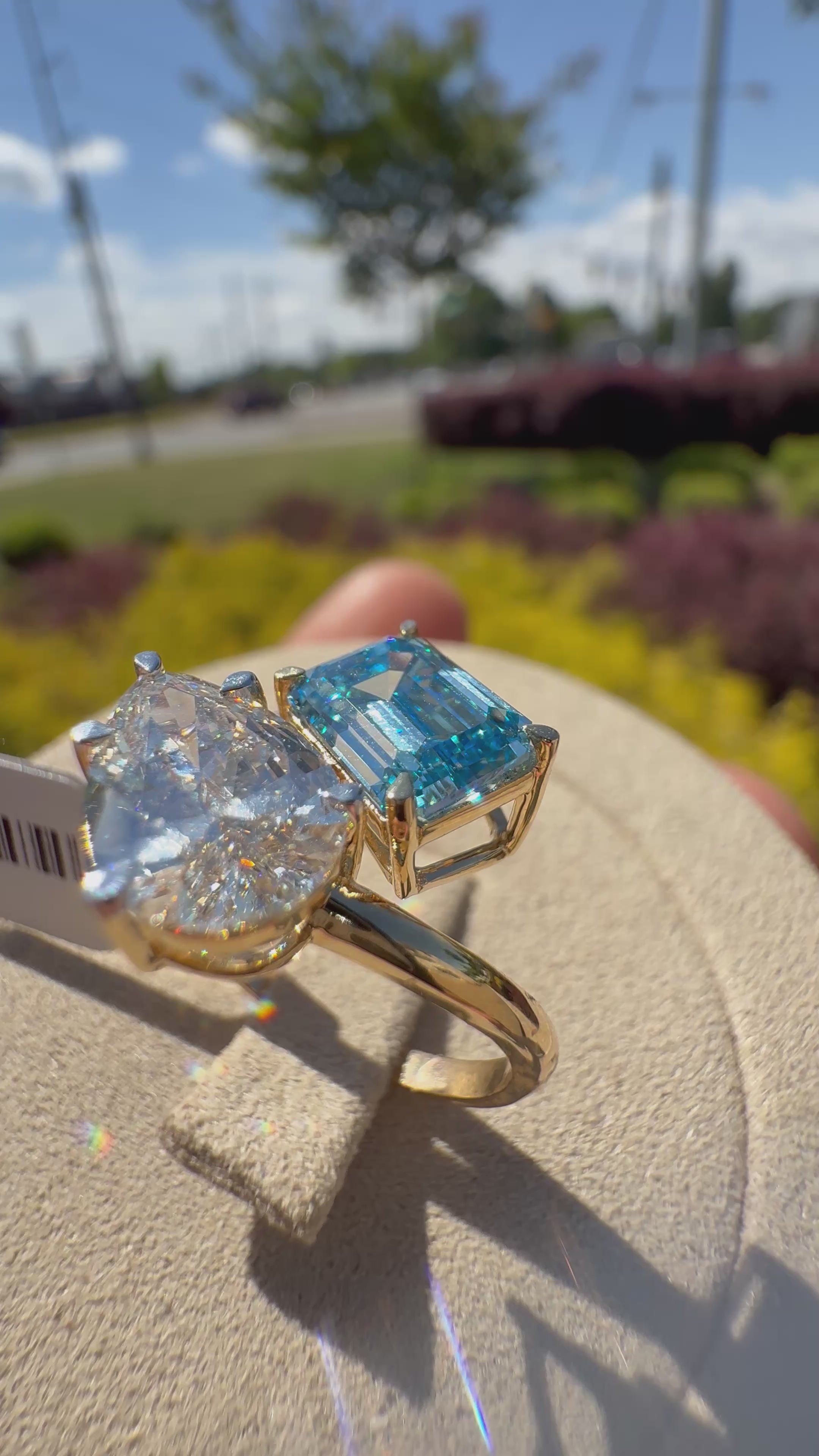 4 carat ring in fancy blue emerald cut fancy white pear ring  handcrafted ring made with 14k gold in grown diamond