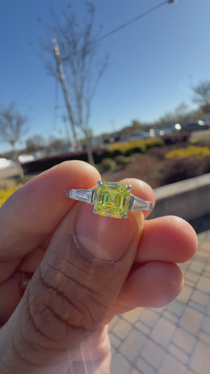 2 carat ring Asscher Cut special cut Fancy Yellow handcrafted with 14k gold made with high color grade E vs lab-grown diamond