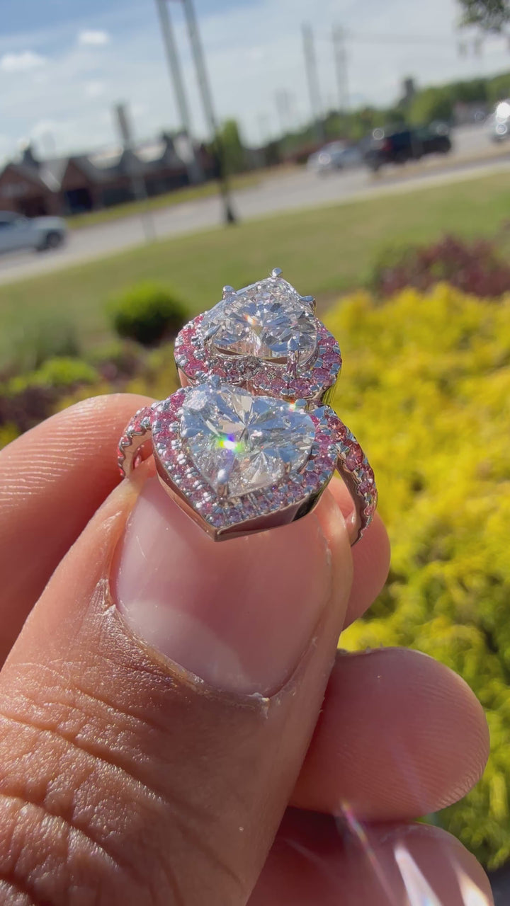 5 carat ring 2 carat each heart VVS igi certified stone fancy heart  handcrafted in color high cut with fancy pink  stone in  ring handcrafted ring made with 14k gold in grown diamond igi certified