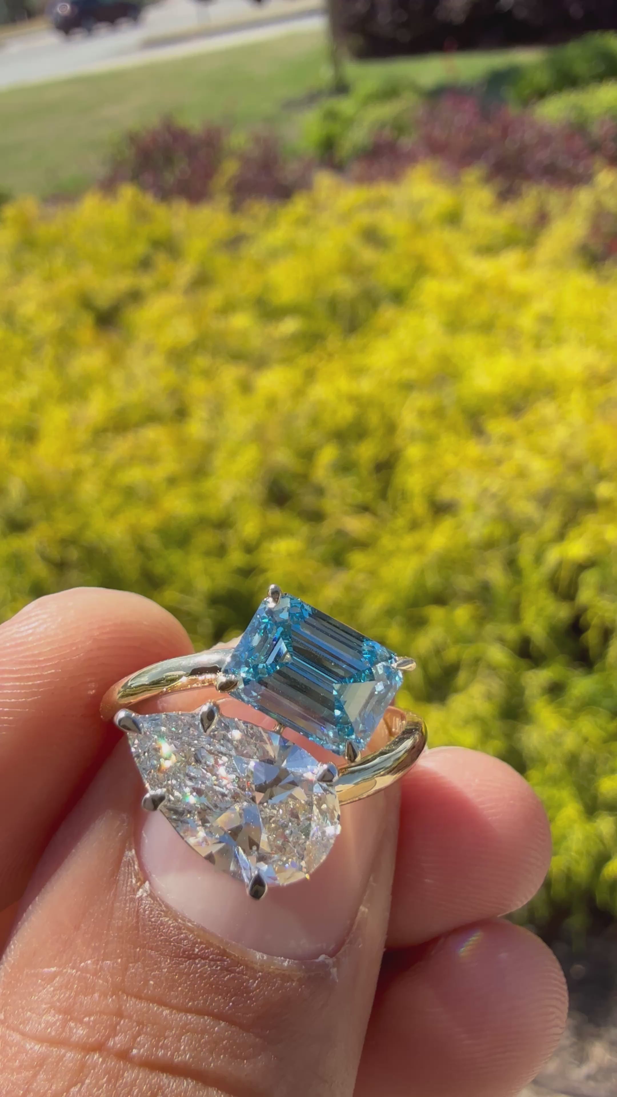 4 carat ring in fancy blue emerald cut fancy white pear ring  handcrafted ring made with 14k gold in grown diamond