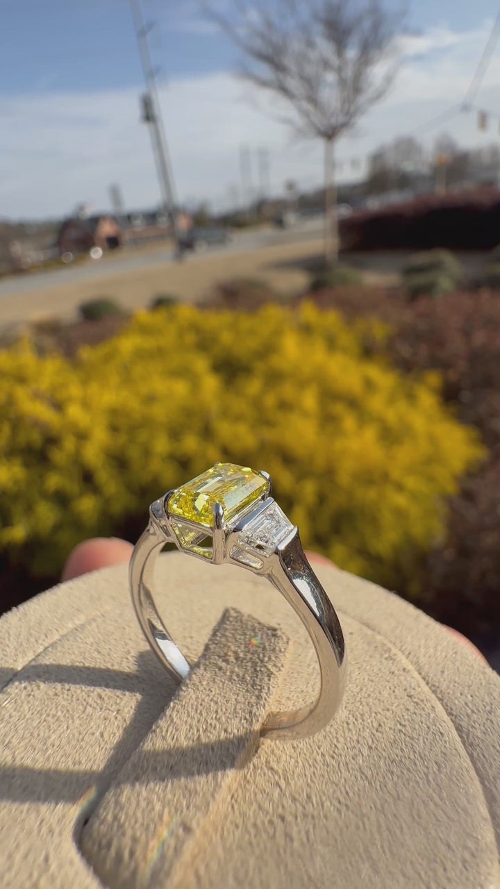 Fancy vivid yellow emerald Ring  1.5 carat diamond handcrafted with 14k white gold made with vvs lab grown diamond