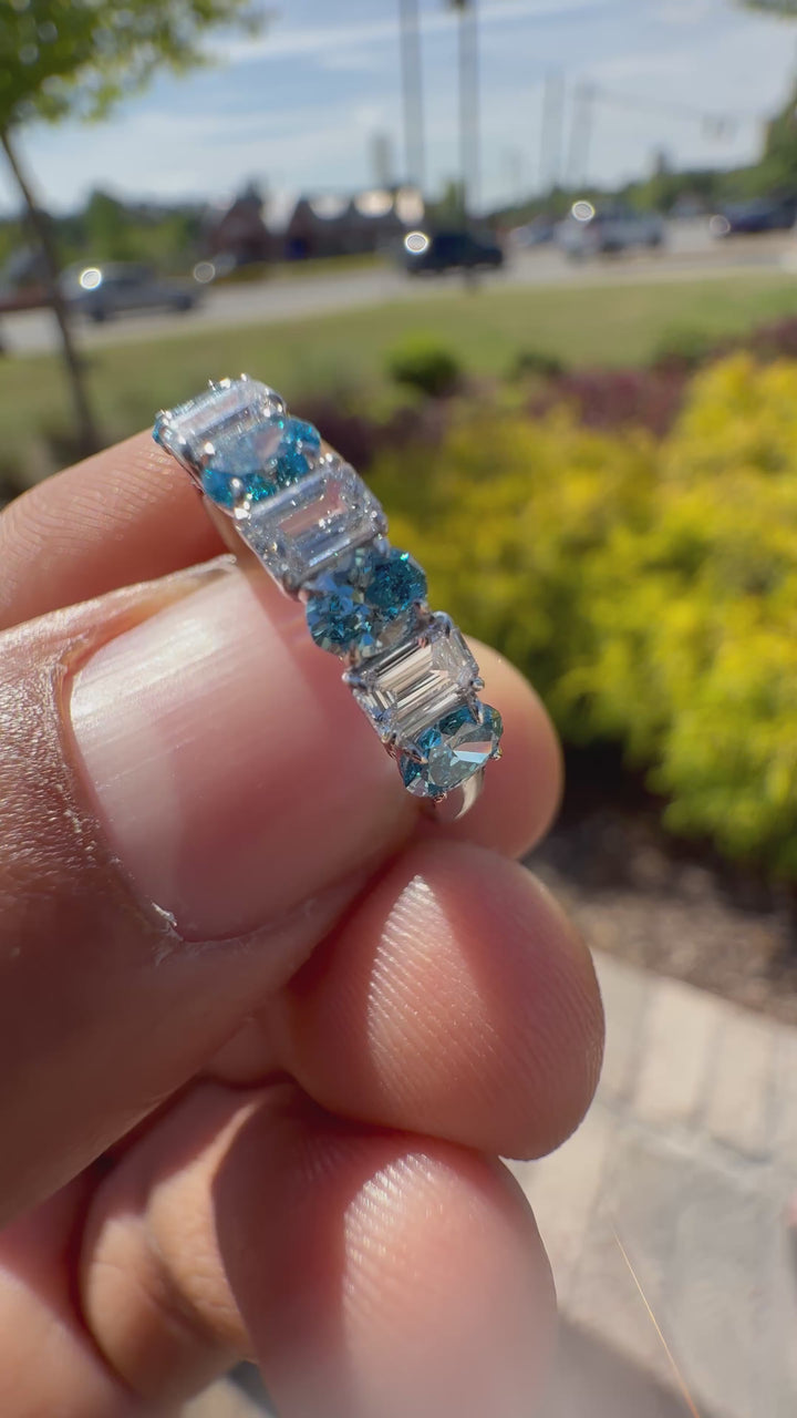 1.2carat fancy vivid blue oval  E vs and emerald cut handcrafted ring made with 14k gold in grown diamond