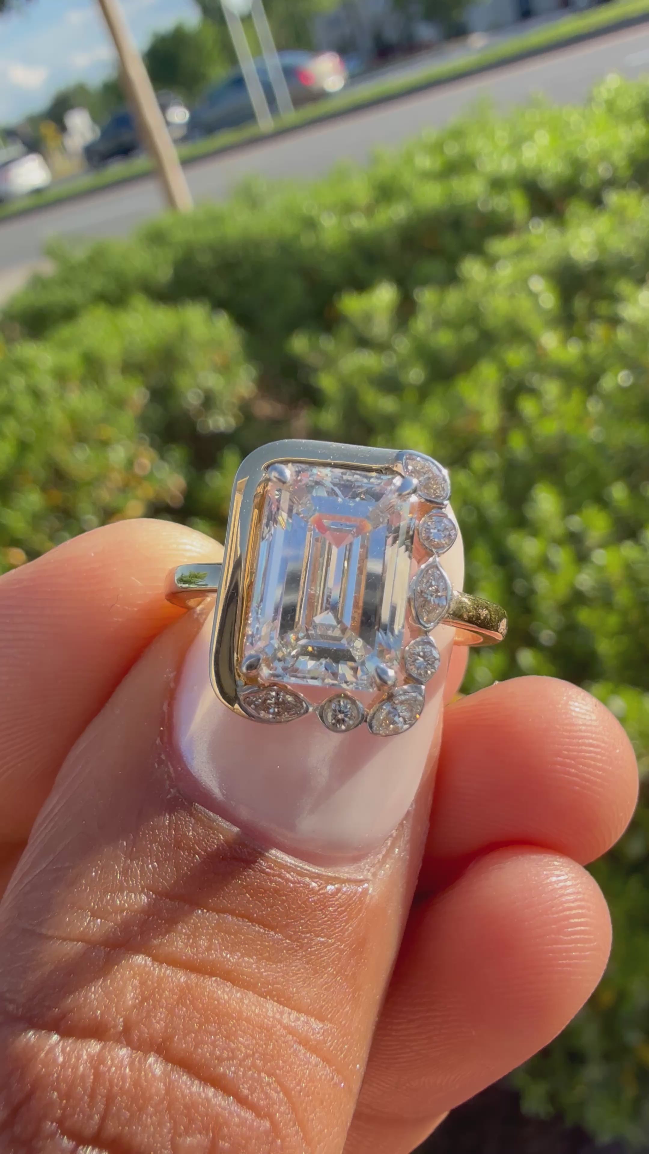 3 carat emerald cut rose gold special cut ring VVS stone with special cut on side stone fancy highly handcrafted in grown diamond 14k gold ( made in gold ) (Copy)