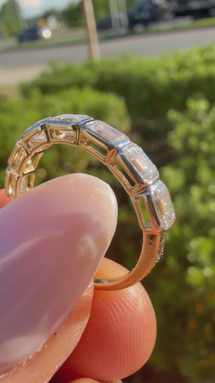 3 carat emerald cut rose gold special cut ring VVS stone with special cut on side stone fancy highly handcrafted in grown diamond 14k gold ( made in gold )