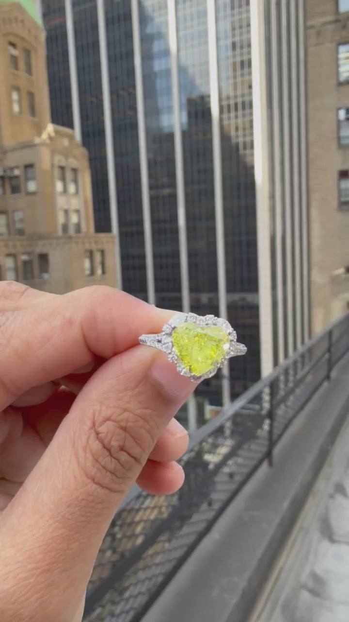 3 carat heart Fancy yellow center handcrafted with side diamond total 5 carat ring made in 14k gold with VVS igi lab grown diamond