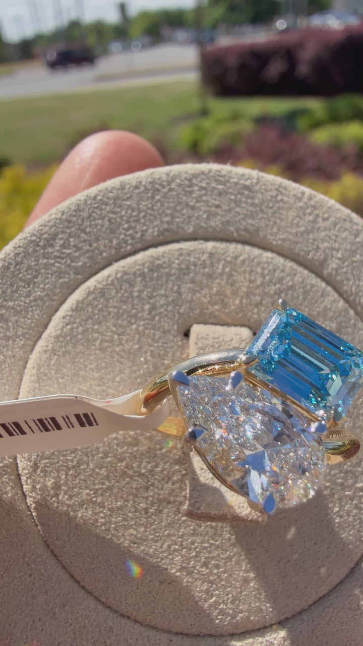 4 carat ring in fancy blue emerald cut fancy white pear ring  handcrafted ring made with 14k gold in grown diamond