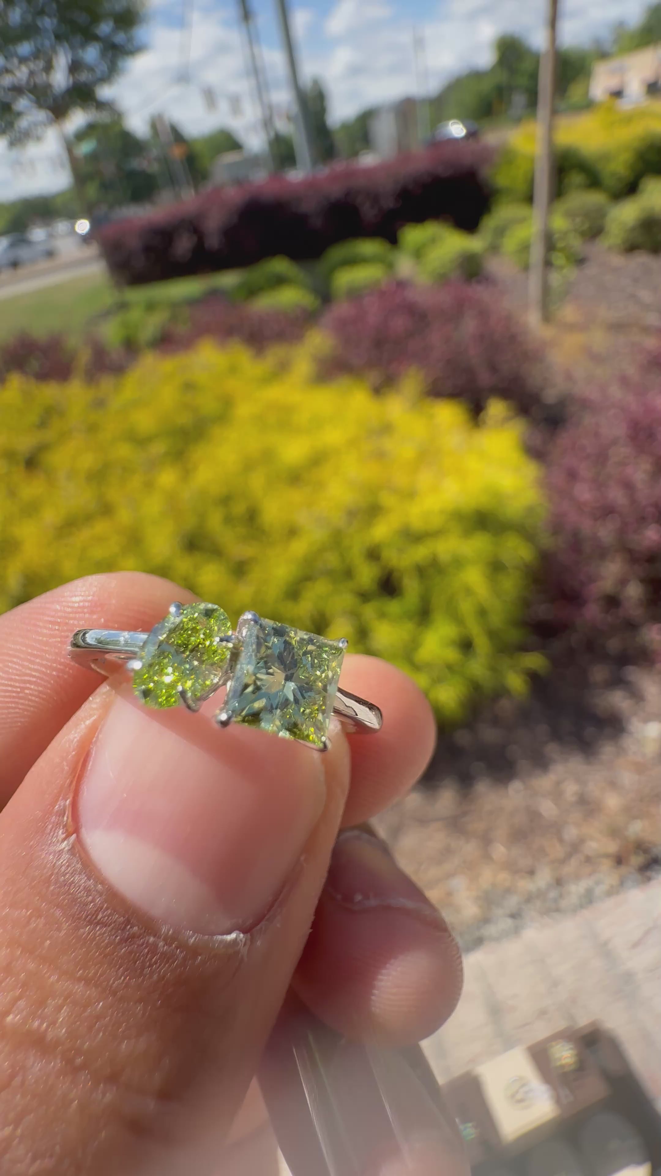 2 carat princess cut & oval fancy green ring  handcrafted ring made with 14k gold in grown diamond