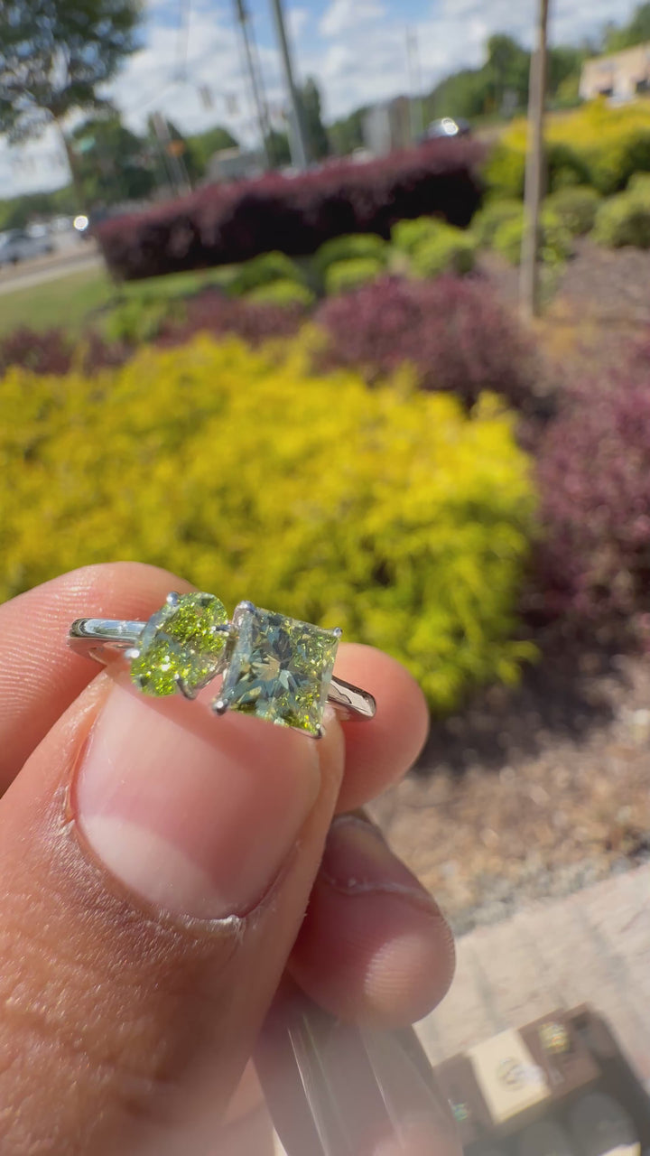 2 carat princess cut & oval fancy green ring  handcrafted ring made with 14k gold in grown diamond