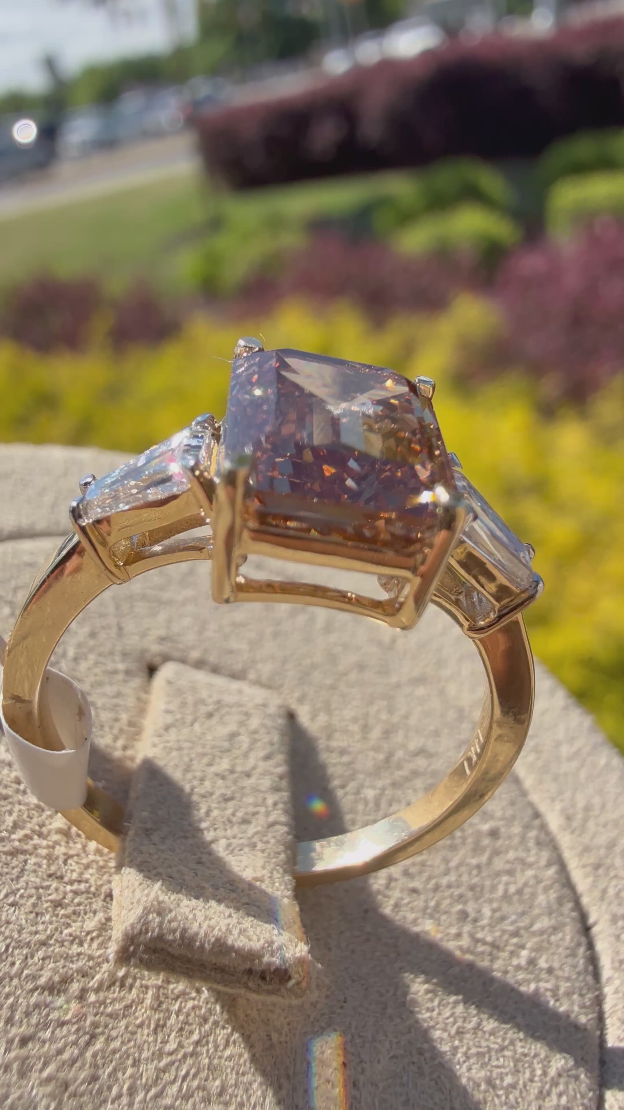 3.88 carat igi certified fancy champagne emerald cut with fancy white tapper baguette ring handcrafted ring made with 14k rose gold in grown diamond  igi certified