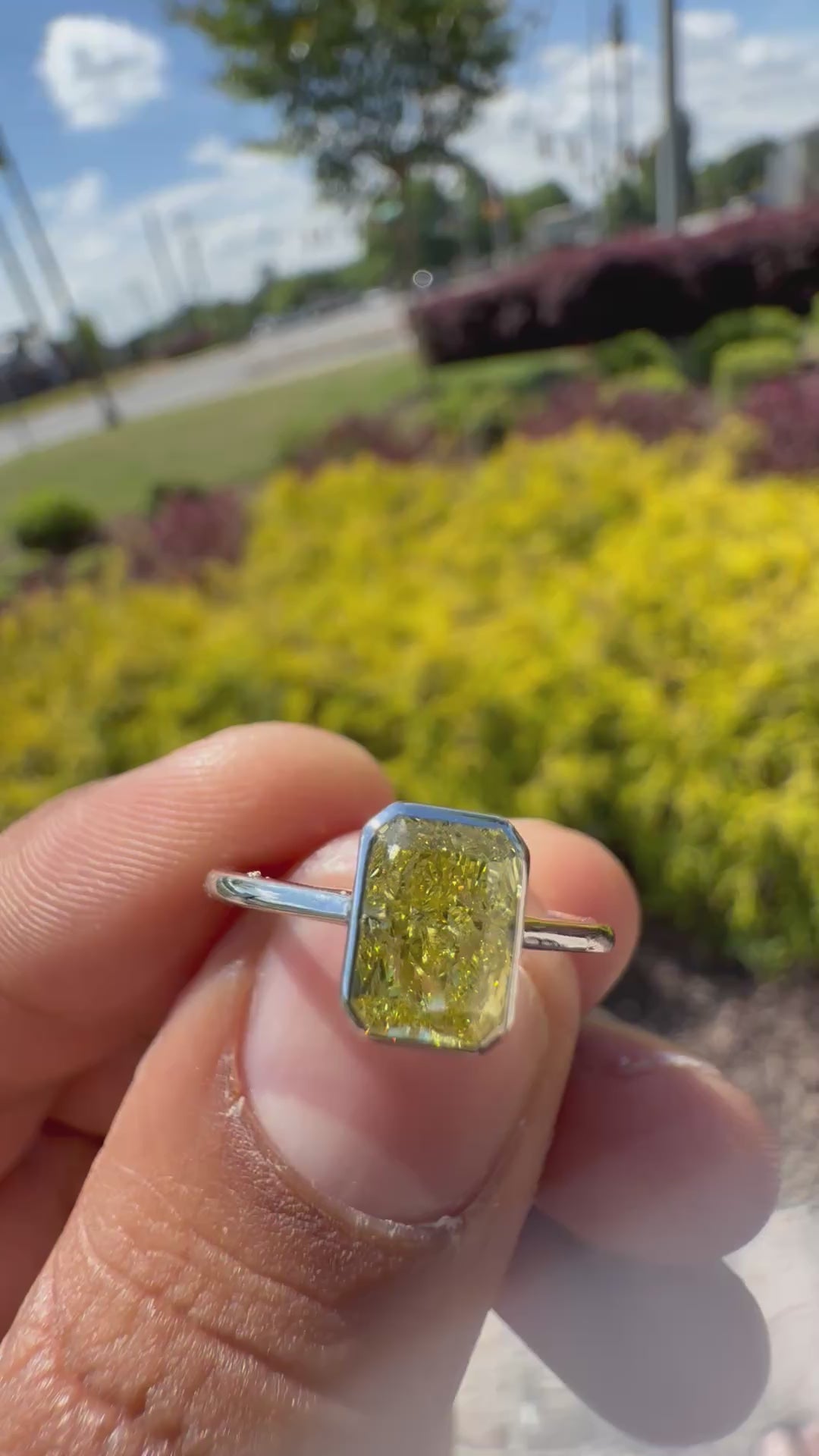 1.30 carat  fancy yellow emerald cut vs ring in fancy vivid yellow igi certified stone handcrafted in color high cut with  handcrafted ring made with 14k gold in grown diamond igi certified