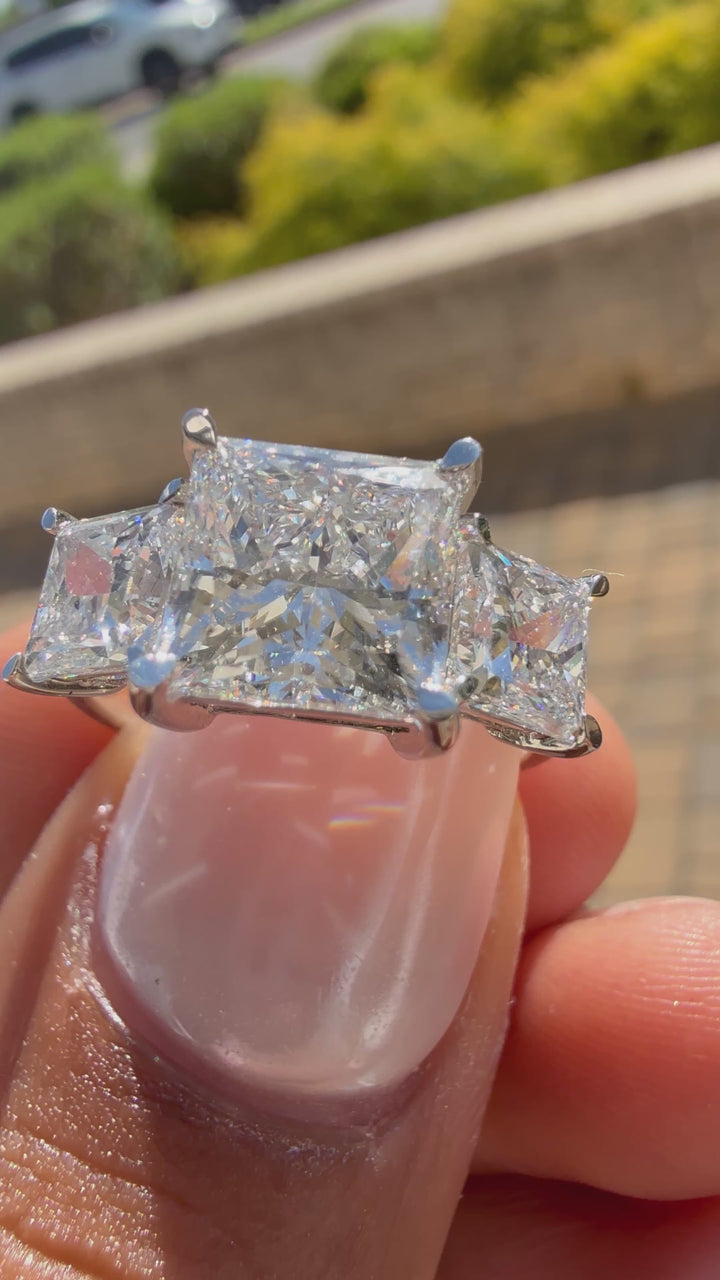 5 carat princess cut ring IGI cut E vs certified  3 carat center stone 2 carat side stone made with special cut handcrafted in grown diamond 14k gold