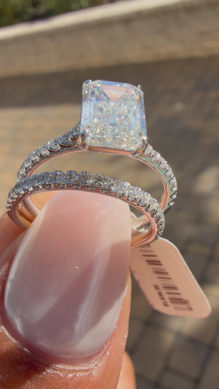 3 carat ring emerald cut ring cut E vs IGI certified 2 carat center stone with special cut side band  on side highly handcrafted in grown diamond 14k gold full engagement set