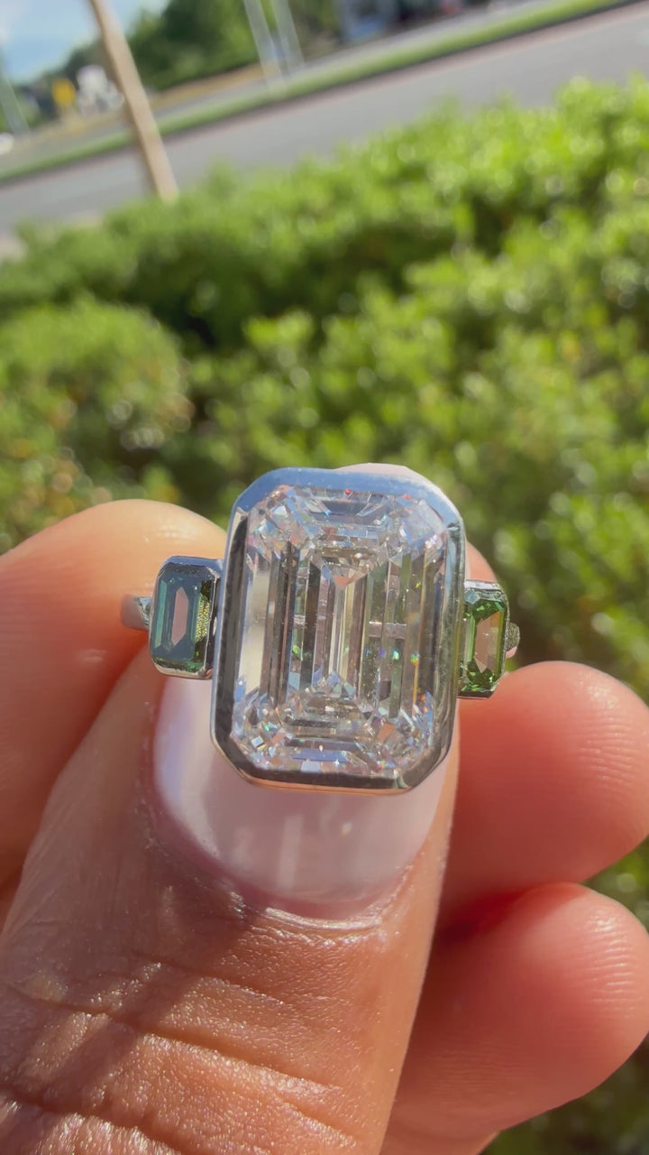 3 carat emerald cut special cut ring cut E vs IGI certified  stone with special cut on side stone fancy green highly handcrafted in grown diamond 14k gold ( made in gold )